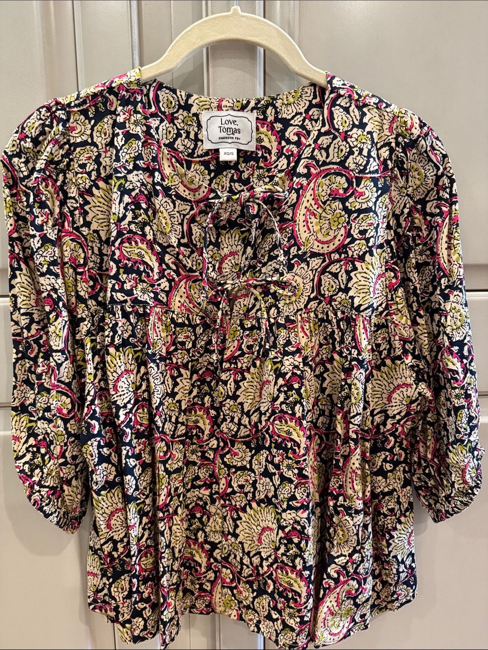 Emerson Fry Black Paisley Tie-Neck Blouse with Pink & Cream Accents